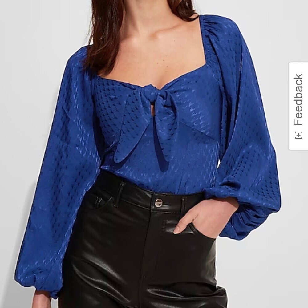 Express Satin Jacquard Tie Front Thong Bodysuit royal blue NEW puff sleeve SZ XS